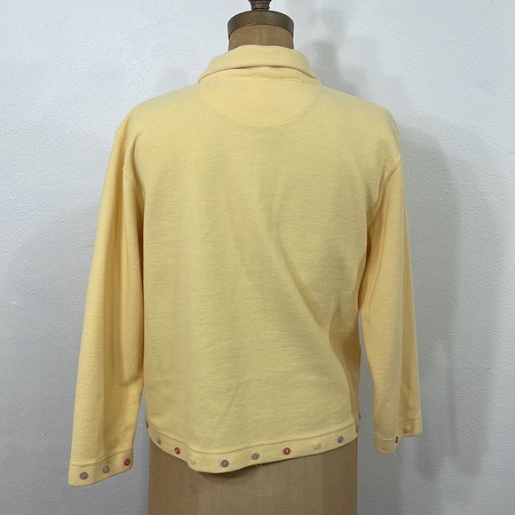 Allison Lane, simple yellow waffle knit cardigan w/snap front, button trimming - Picture 3 of 8